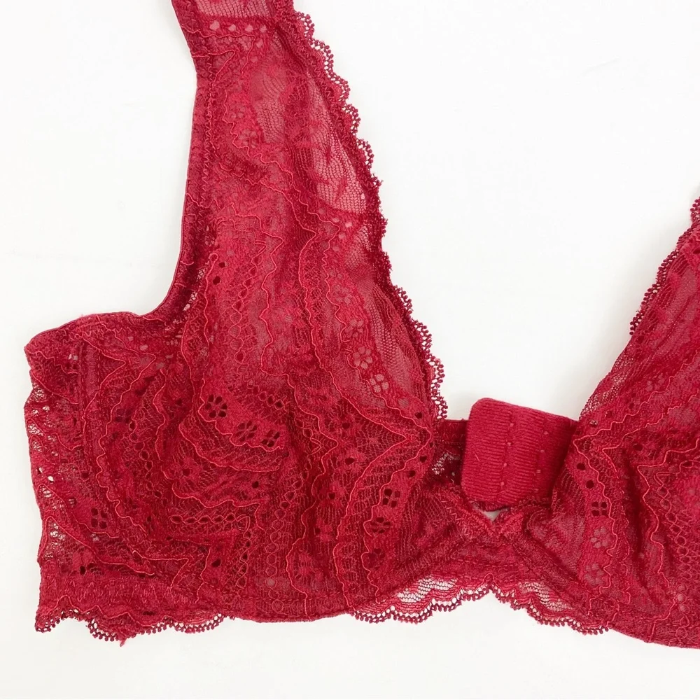 Intimately Free People Deep V Plunge Lace Underwire Bra: Crimson Red Burgundy